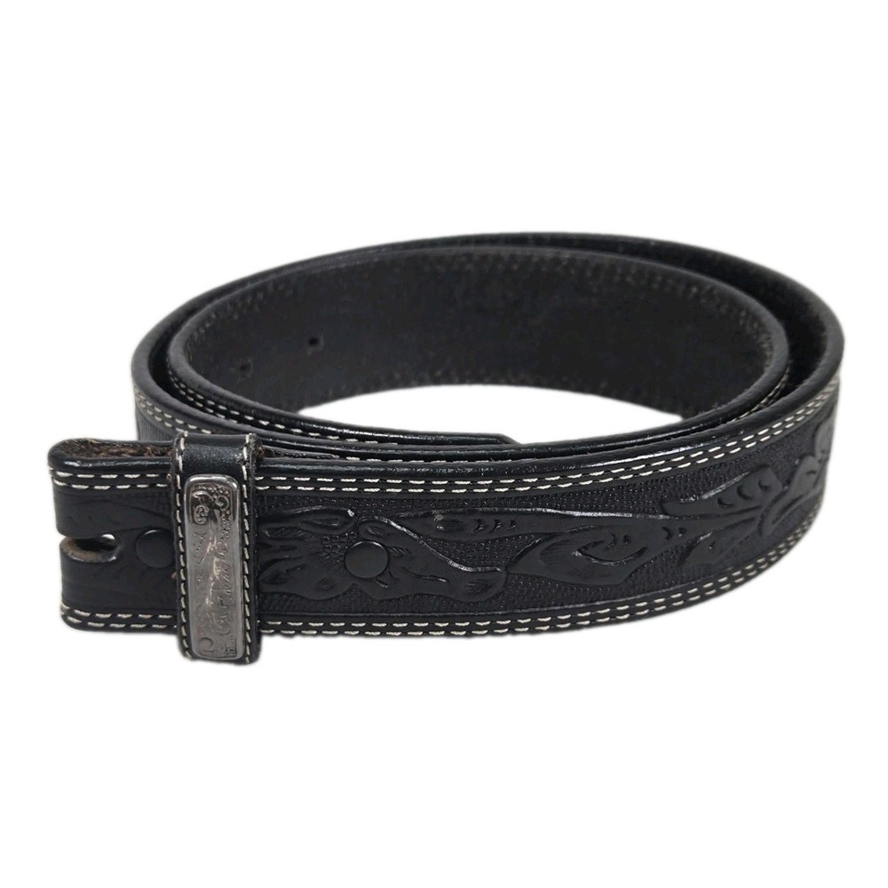 VTG 90s Gap Leather Belt Strap 34 Black Western Tooled Double Stitched No Buckle
